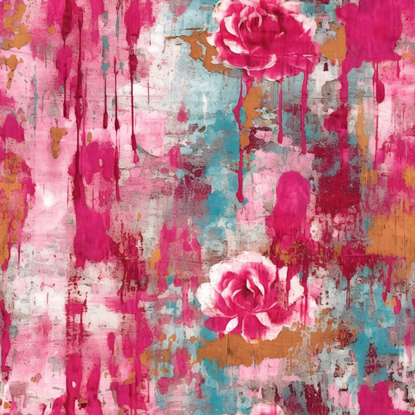 hot pink, magenta, turquoise, coral, white, grunge texture, distressed paint, paint drips, roses, floral elements, abstract pattern, weathered surface, peeling paint,, fabric panel, artistic design, layered colors, vintage grunge, textured background, modern floral