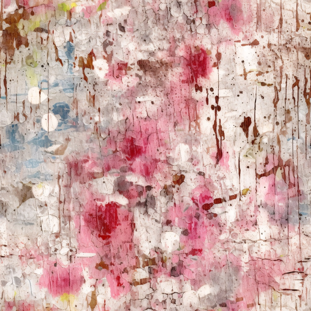 pink, magenta, blue, white, brown, gray, grunge texture, distressed, cracked paint, peeling paint, abstract pattern, weathered surface, vintage worn, cotton fabric, quilting panel, rustic aesthetic, faded colors, textured background, artistic splatter, shabby chic