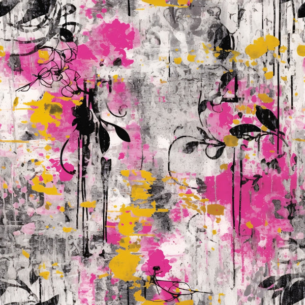 pink, yellow, black, white, gray, grunge, abstract, distressed, paint splatters, dripping paint, floral silhouettes, urban art, weathered, textured, street art style,, fabric panel, contemporary, edgy, mixed media look