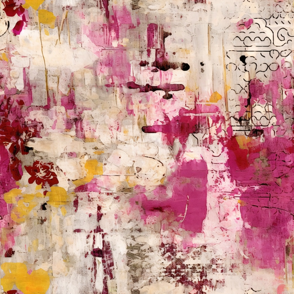 pink, magenta, fuchsia, white, yellow, beige, abstract grunge, distressed texture, paint splatters, weathered plaster, mixed media art, contemporary style,, fabric panel, artistic collage, layered patterns, urban aesthetic, modern design, textural elements, decorative motifs