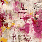 pink, magenta, fuchsia, white, yellow, beige, abstract grunge, distressed texture, paint splatters, weathered plaster, mixed media art, contemporary style,, fabric panel, artistic collage, layered patterns, urban aesthetic, modern design, textural elements, decorative motifs