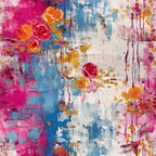 girly grunge, plaster texture,, fabric panel, pink, magenta, blue, orange, yellow, white, distressed paint, peeling paint, cracked surface, floral motifs, roses, abstract flowers, weathered wall, vintage texture, shabby chic, mixed media art, paint drips, layered colors, artistic design