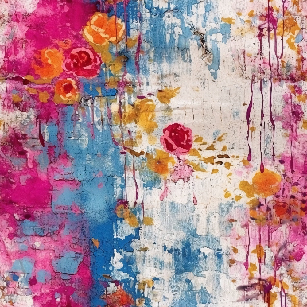girly grunge, plaster texture,, fabric panel, pink, magenta, blue, orange, yellow, white, distressed paint, peeling paint, cracked surface, floral motifs, roses, abstract flowers, weathered wall, vintage texture, shabby chic, mixed media art, paint drips, layered colors, artistic design