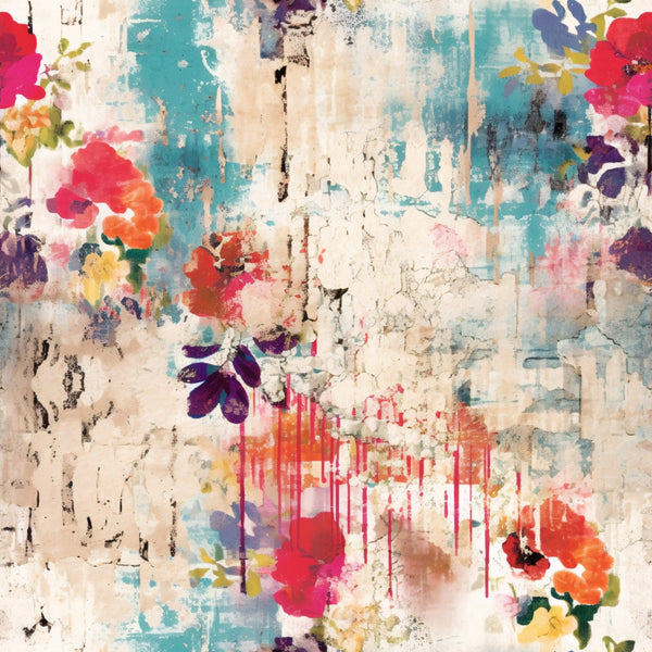 turquoise, coral, magenta, purple, yellow, cream, floral motifs, paint drips, distressed texture, grunge style, watercolor effect, abstract flowers, peeling paint, layered design, vintage worn, artistic splashes,, fabric panel, contemporary art, mixed media