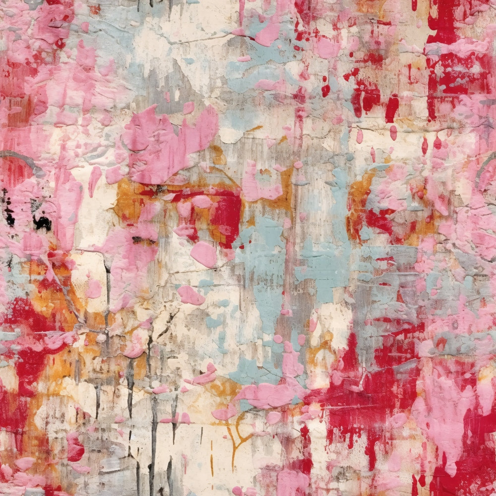 pink, coral red, dusty blue, cream, orange, grunge texture, distressed pattern, weathered plaster, abstract design, layered paint, vintage aesthetic, shabby chic, cotton fabric, quilting panel, feminine colors, aged surface, artistic brushstrokes, soft pastels, rustic charm, peeling paint effect