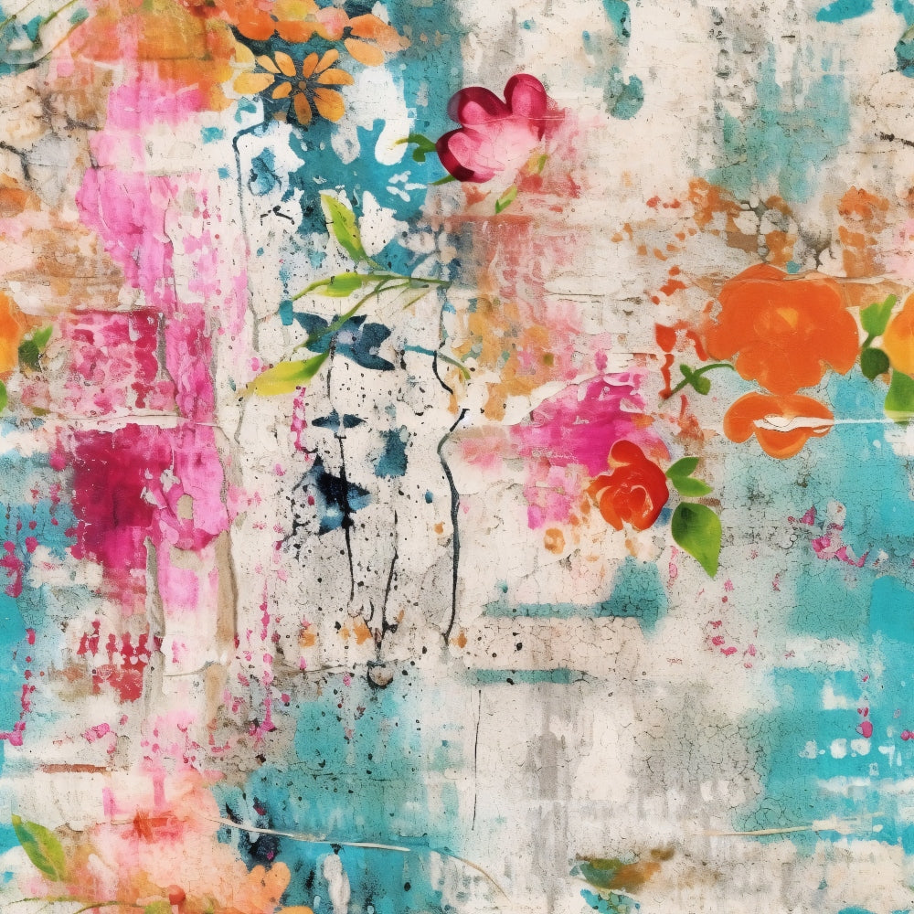 pink, turquoise, orange, coral, teal, magenta, cream, beige, floral motifs, abstract flowers, grunge texture, distressed look, weathered surface, paint splatters, artistic brushstrokes, contemporary art, mixed media style,, fabric panel, bohemian vibe, feminine aesthetic, layered design, textured background
