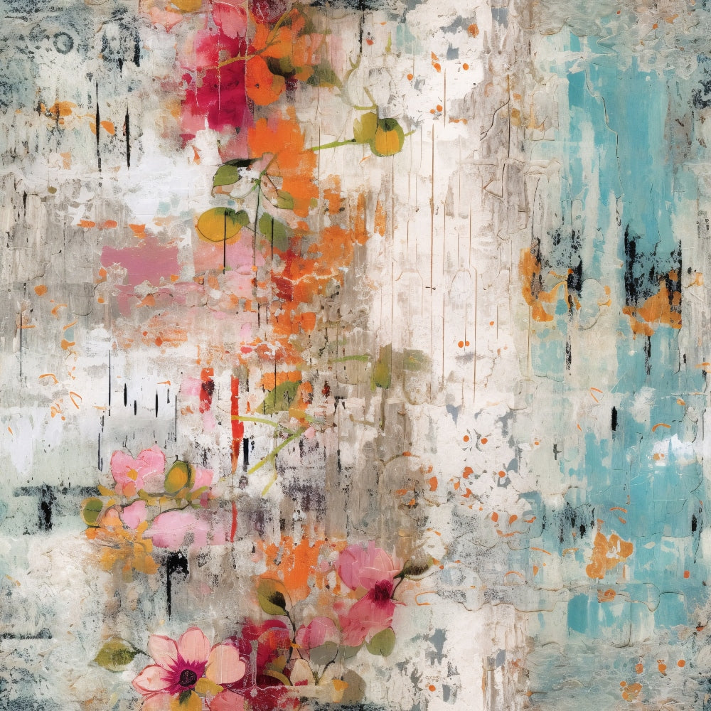 turquoise, coral pink, orange, sage green, white, gray, abstract floral, distressed texture, grunge style, paint splatters, watercolor effect, vintage blooms, shabby chic, cotton fabric, quilting panel, artistic brushstrokes, faded petals, mixed media look, bohemian style