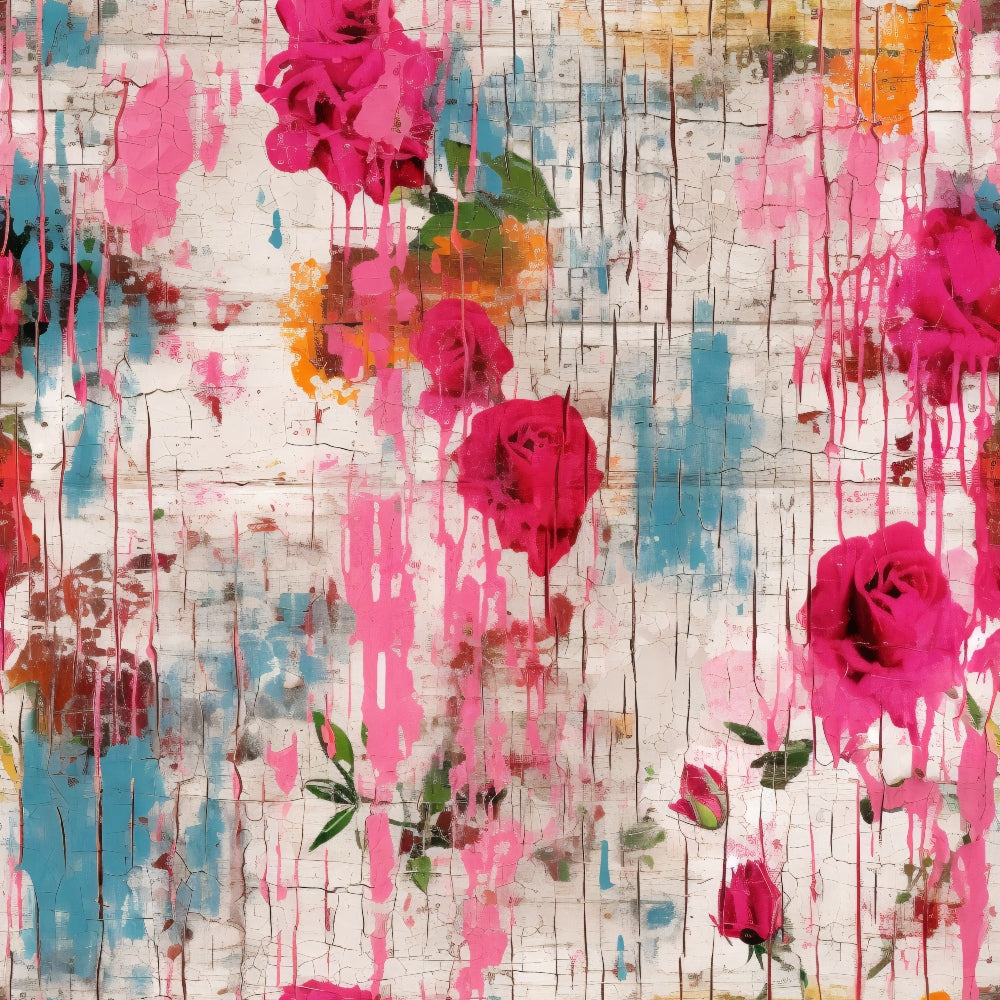 hot pink, magenta, turquoise blue, orange, white, weathered wood, distressed texture, grunge style, roses, floral motifs, dripping paint, cracked surface, peeling paint, shabby chic,, fabric panel, artistic decay, vintage worn, paint splatters, girly aesthetic