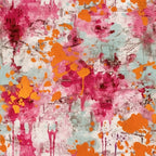 pink, magenta, orange, mint green, white, gray, abstract splashes, paint splatters, grunge texture, distressed pattern, artistic drips, weathered surface, cracked paint, contemporary art, edgy style,, fabric panel, modern design, urban aesthetic, mixed media effect