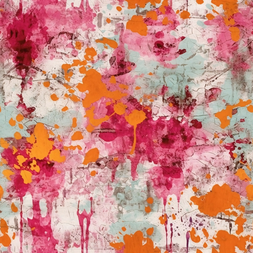 pink, magenta, orange, mint green, white, gray, abstract splashes, paint splatters, grunge texture, distressed pattern, artistic drips, weathered surface, cracked paint, contemporary art, edgy style,, fabric panel, modern design, urban aesthetic, mixed media effect