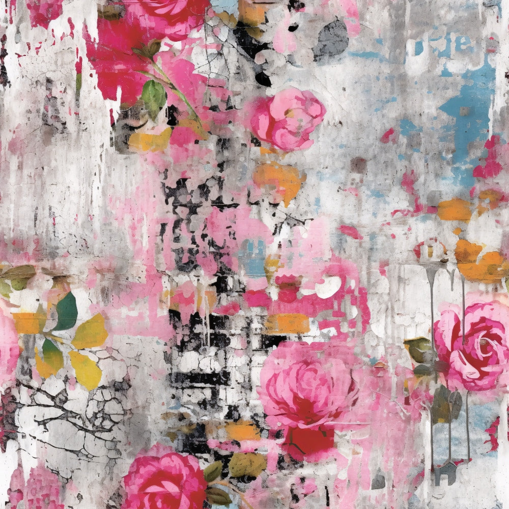 pink roses, grunge texture, distressed plaster, hot pink, magenta, gray, white, blue accents, orange splashes, floral motifs, weathered surface, abstract background,, fabric panel, vintage style, shabby chic, layered paint, cracked texture, feminine colors, artistic design