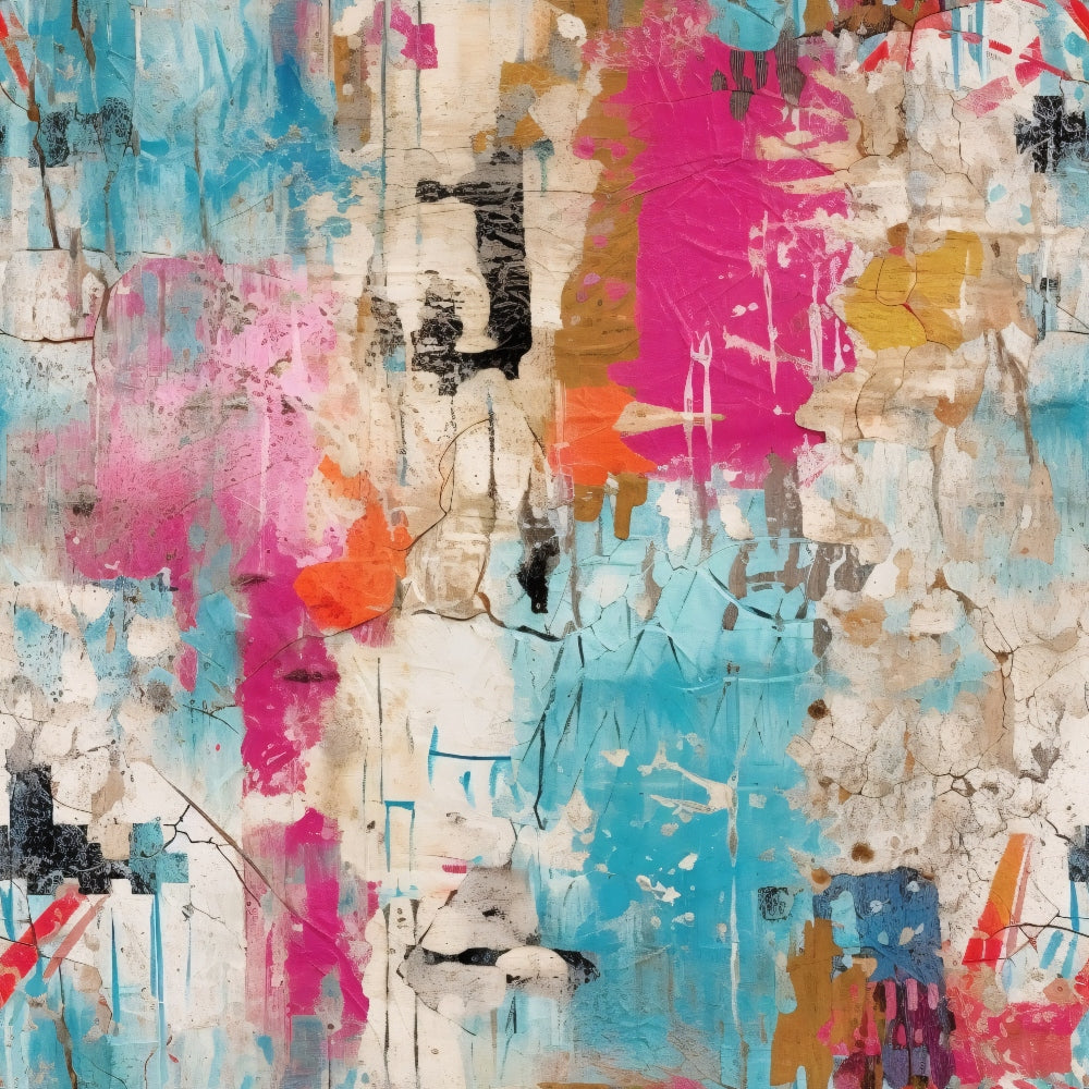 turquoise, hot pink, magenta, orange, beige, white, black, grunge texture, distressed pattern, abstract design, paint splatters, weathered look, urban art, street art style, layered colors,, fabric panel, modern aesthetic, artistic print, edgy style