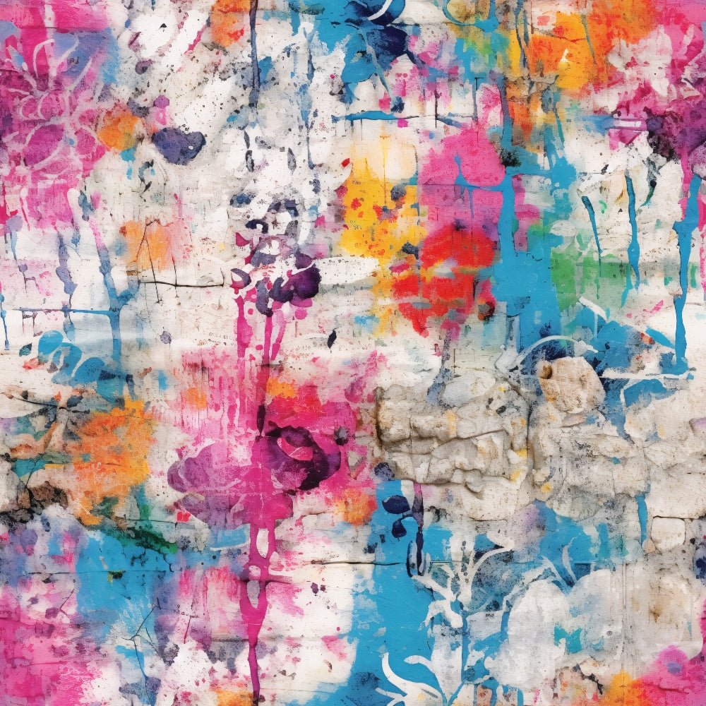 bright pink, turquoise blue, yellow orange, white base, grunge texture, paint splashes, dripping paint, cracked plaster, distressed surface, abstract pattern, urban street art, weathered wall, vibrant colors,, fabric panel, grungy aesthetic, layered paint, peeling surface, colorful splatters