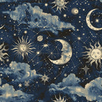 navy blue, golden yellow, celestial pattern, sun faces, moon phases, constellation lines, star motifs, cloudy sky, mystical design, cosmic theme,, fabric panel, astronomy elements, night sky, decorative suns, crescent moons, starry background, celestial bodies, whimsical faces, vintage style