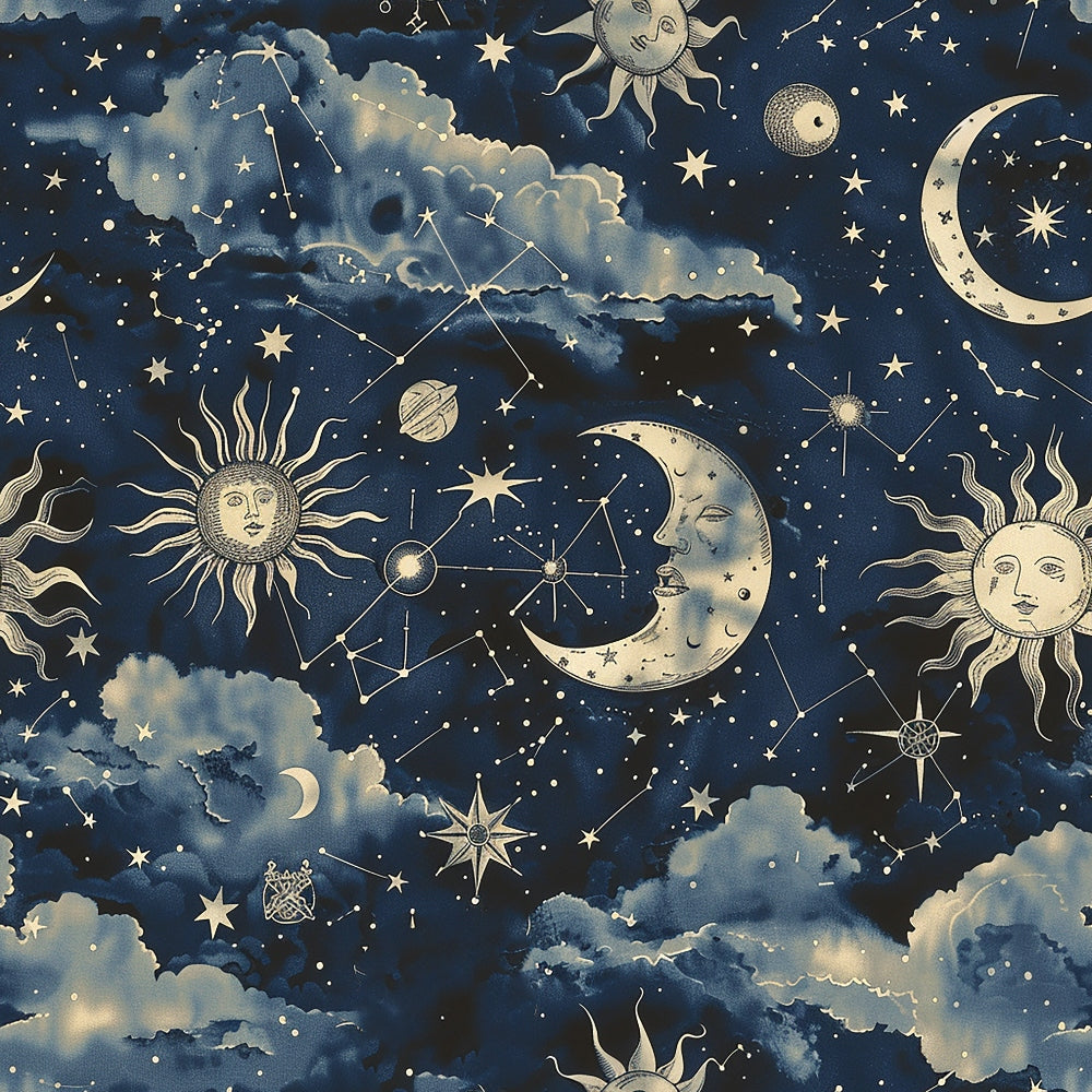 navy blue, golden yellow, celestial pattern, sun faces, moon phases, constellation lines, star motifs, cloudy sky, mystical design, cosmic theme,, fabric panel, astronomy elements, night sky, decorative suns, crescent moons, starry background, celestial bodies, whimsical faces, vintage style