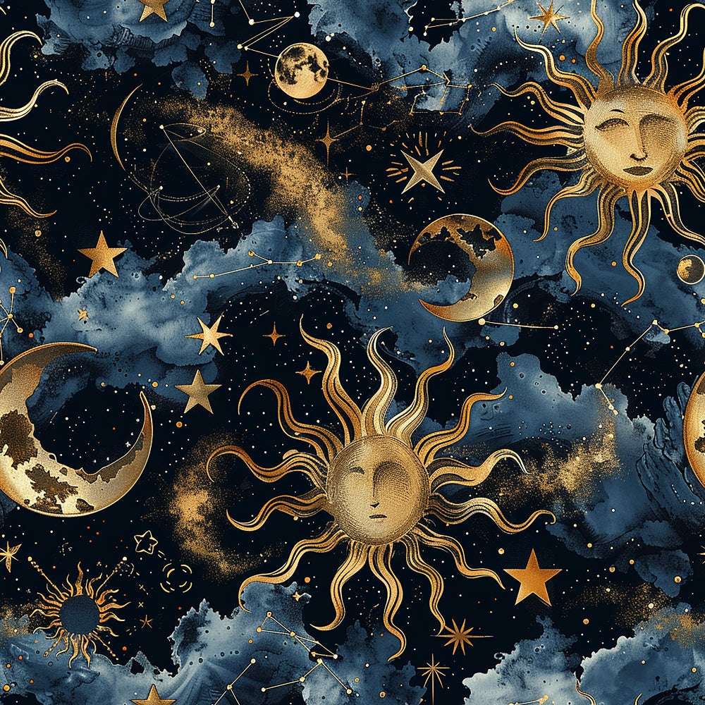navy blue, golden yellow, celestial pattern, sun faces, crescent moons, stars, constellations, cosmic design, mystical artwork, watercolor clouds,, fabric panel, astronomy theme, night sky, metallic gold accents, spiritual motifs, bohemian style, dreamy atmosphere