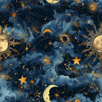 navy blue, golden yellow, celestial pattern, stars, moons, sun motifs, constellation designs, swirling clouds, cosmic theme, astronomy print,, fabric panel, mystical atmosphere, night sky, celestial bodies, dotted lines, ornate details, whimsical style, deep blue background, metallic gold accents