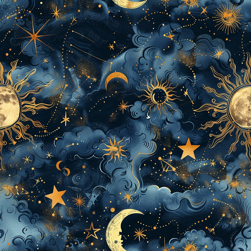 navy blue, golden yellow, celestial pattern, stars, moons, sun motifs, constellation designs, swirling clouds, cosmic theme, astronomy print,, fabric panel, mystical atmosphere, night sky, celestial bodies, dotted lines, ornate details, whimsical style, deep blue background, metallic gold accents