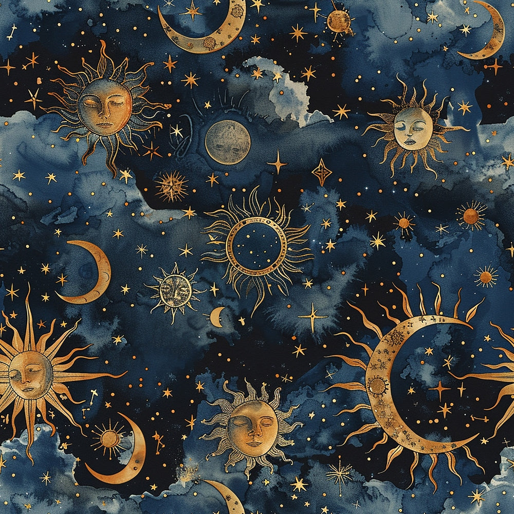navy blue, deep blue, golden yellow, celestial pattern, sun faces, crescent moons, stars, cosmic design, mystical motifs, astronomical theme,, fabric panel, watercolor background, whimsical suns, moon phases, starry night, celestial bodies, bohemian style, dreamy atmosphere, cotton fabric
