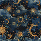 navy blue, deep blue, golden yellow, celestial pattern, sun faces, crescent moons, stars, cosmic design, mystical motifs, astronomical theme,, fabric panel, watercolor background, whimsical suns, moon phases, starry night, celestial bodies, bohemian style, dreamy atmosphere, cotton fabric