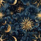 navy blue, golden yellow, celestial pattern, sun and moon, stars, compass rose, clouds, crescent moon, radiating sun, night sky, cosmic design,, fabric panel, mystical motifs, astronomy theme, starbursts, flowing ribbons, deep blue background, metallic gold accents, celestial bodies