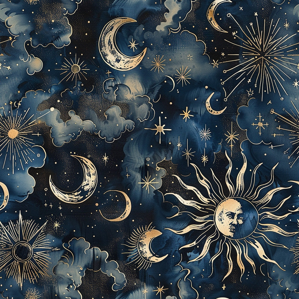 navy blue, golden yellow, cream, celestial pattern, sun and moon, crescent moons, stars, clouds, radiating sunbursts, cosmic design, mystical artwork, night sky,, fabric panel, watercolor style, bohemian aesthetic, astronomical motifs, ethereal mood, dreamy atmosphere