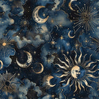 navy blue, golden yellow, cream, celestial pattern, sun and moon, crescent moons, stars, clouds, radiating sunbursts, cosmic design, mystical artwork, night sky,, fabric panel, watercolor style, bohemian aesthetic, astronomical motifs, ethereal mood, dreamy atmosphere