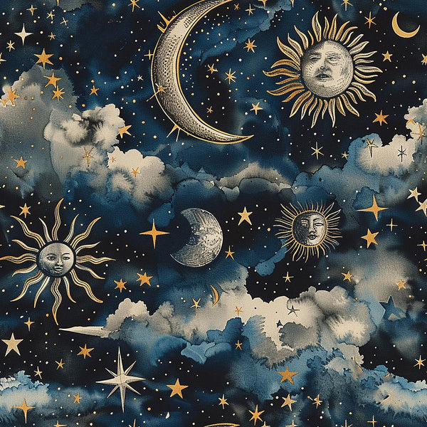 golden, navy blue, celestial, sun faces, crescent moon, stars, clouds, cosmos, mystical, vintage style,, fabric panel, astronomical, ethereal, decorative stars, moon phases, celestial bodies, whimsical, night sky, watercolor effect