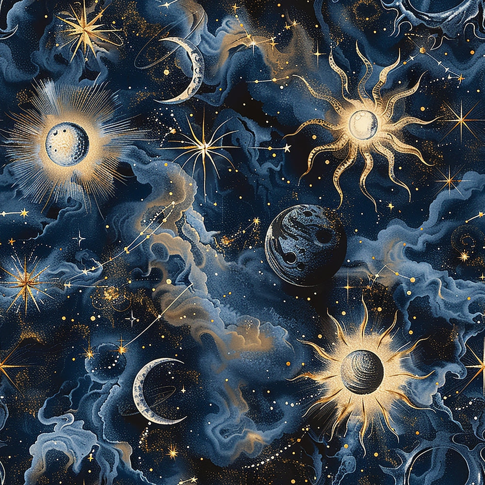 navy blue, deep blue, golden yellow, celestial pattern, sun motifs, moon phases, stars, yin yang, cosmic clouds, mystical design, astronomical theme,, fabric panel, swirling clouds, radiating sun rays, crescent moons, starbursts, celestial bodies, dreamy atmosphere, spiritual symbols