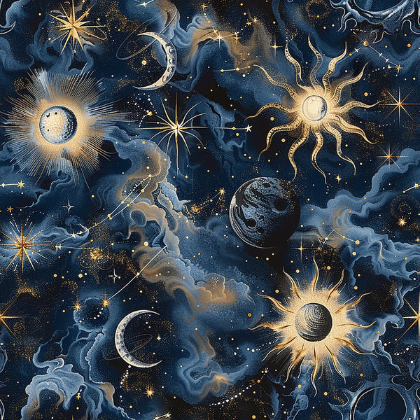 navy blue, deep blue, golden yellow, celestial pattern, sun motifs, moon phases, stars, yin yang, cosmic clouds, mystical design, astronomical theme,, fabric panel, swirling clouds, radiating sun rays, crescent moons, starbursts, celestial bodies, dreamy atmosphere, spiritual symbols