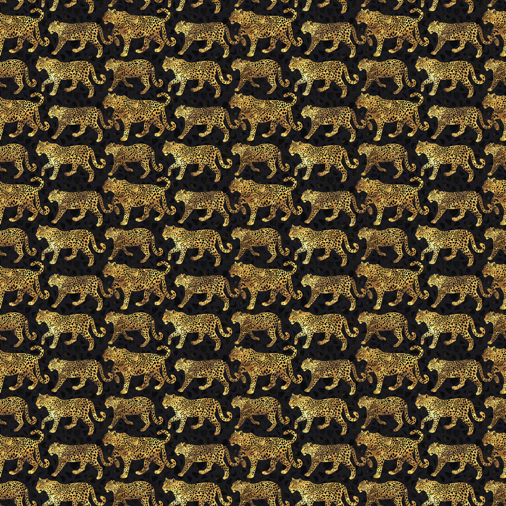 golden, leopards, black background, spotted pattern, big cats, wild animals, safari theme, repeating motif,, fabric panel, jungle print, animal print, exotic wildlife, nature design, feline pattern, gold tones, dark contrast, walking pose, realistic style, wildlife fabric