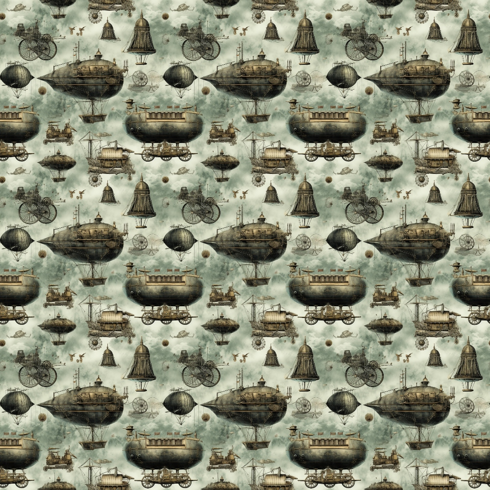 steampunk, victorian machinery, airships, submarines, vintage vehicles, sage green, sepia brown, antique brass, copper tones, mechanical gears, hot air balloons, nautical vessels, industrial design, gothic aesthetic, repeating pattern,, vintage transportation, clockwork elements, aged patina, fantasy machines
