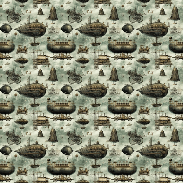 steampunk, victorian machinery, airships, submarines, vintage vehicles, sage green, sepia brown, antique brass, copper tones, mechanical gears, hot air balloons, nautical vessels, industrial design, gothic aesthetic, repeating pattern,, vintage transportation, clockwork elements, aged patina, fantasy machines