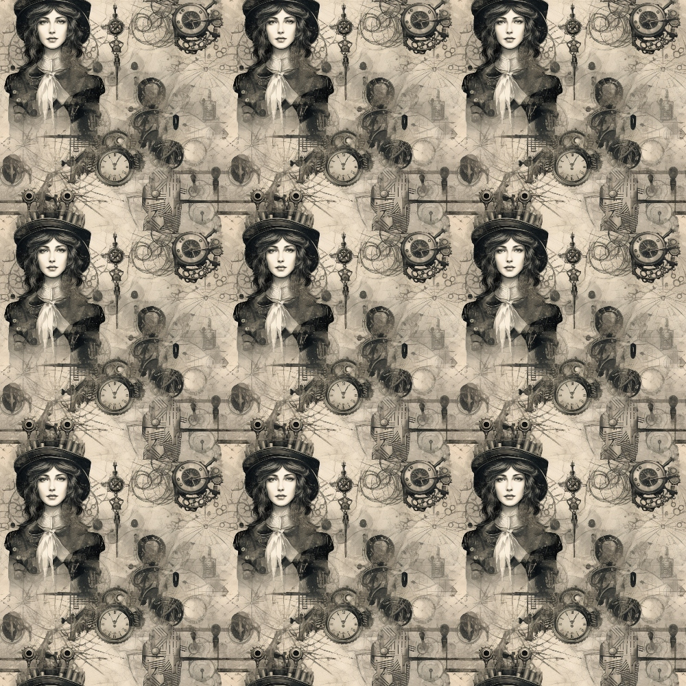 sepia, beige, brown, black, steampunk, goth, victorian woman, pocket watch, gears, clockwork, mechanical elements, vintage portrait, dark romantic, industrial,, fabric panel, repeating pattern, antique style, mysterious mood, steam age