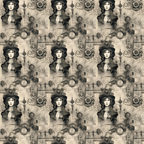 sepia, beige, brown, black, steampunk, goth, victorian woman, pocket watch, gears, clockwork, mechanical elements, vintage portrait, dark romantic, industrial,, fabric panel, repeating pattern, antique style, mysterious mood, steam age