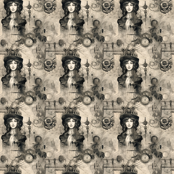 sepia, beige, brown, black, steampunk, goth, victorian woman, pocket watch, gears, clockwork, mechanical elements, vintage portrait, dark romantic, industrial,, fabric panel, repeating pattern, antique style, mysterious mood, steam age