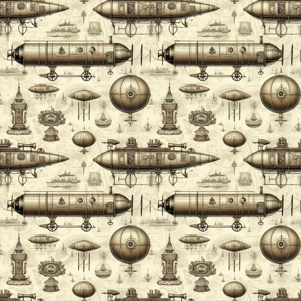steampunk, vintage airships, sepia tones, beige background, brown accents, mechanical designs, dirigibles, hot air balloons, clock towers, nautical vessels, victorian era, industrial machinery, repetitive pattern,, fabric panel, antique illustrations, engineering drawings, fantasy vehicles, brass colored, clockwork elements