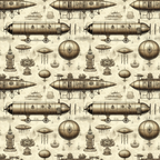 steampunk, vintage airships, sepia tones, beige background, brown accents, mechanical designs, dirigibles, hot air balloons, clock towers, nautical vessels, victorian era, industrial machinery, repetitive pattern,, fabric panel, antique illustrations, engineering drawings, fantasy vehicles, brass colored, clockwork elements