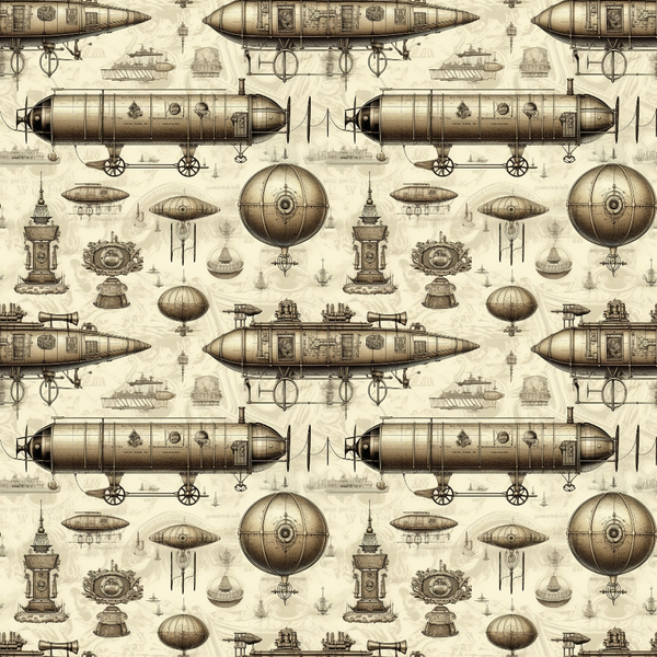 steampunk, vintage airships, sepia tones, beige background, brown accents, mechanical designs, dirigibles, hot air balloons, clock towers, nautical vessels, victorian era, industrial machinery, repetitive pattern,, fabric panel, antique illustrations, engineering drawings, fantasy vehicles, brass colored, clockwork elements