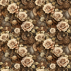 sepia tones, brown, beige, cream, vintage roses, steampunk gears, mechanical elements, clockwork, industrial machinery, gothic aesthetic, ornate scrollwork, floral motif, antique brass, copper tones, repeating pattern,, fabric panel, victorian style, vintage machinery, dark romantic