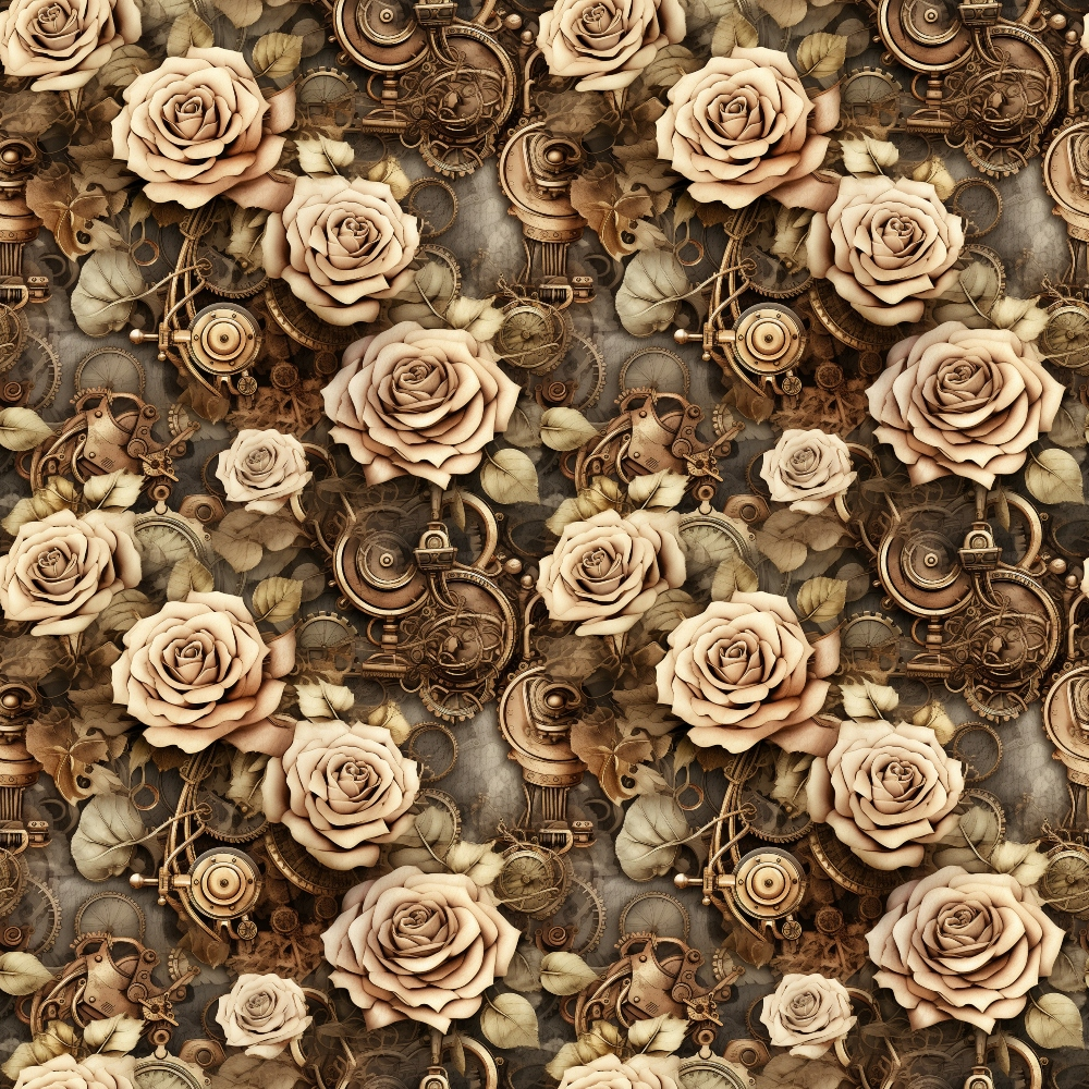 sepia tones, brown, beige, cream, vintage roses, steampunk gears, mechanical elements, clockwork, industrial machinery, gothic aesthetic, ornate scrollwork, floral motif, antique brass, copper tones, repeating pattern,, fabric panel, victorian style, vintage machinery, dark romantic