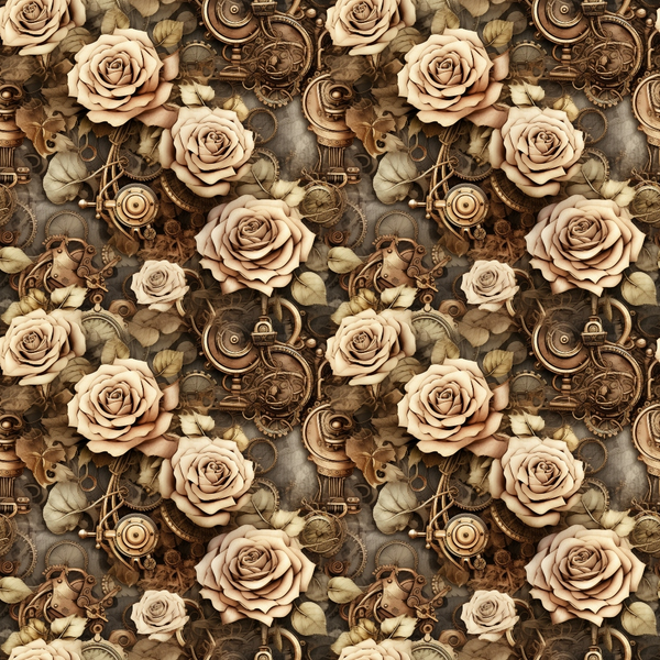 sepia tones, brown, beige, cream, vintage roses, steampunk gears, mechanical elements, clockwork, industrial machinery, gothic aesthetic, ornate scrollwork, floral motif, antique brass, copper tones, repeating pattern,, fabric panel, victorian style, vintage machinery, dark romantic