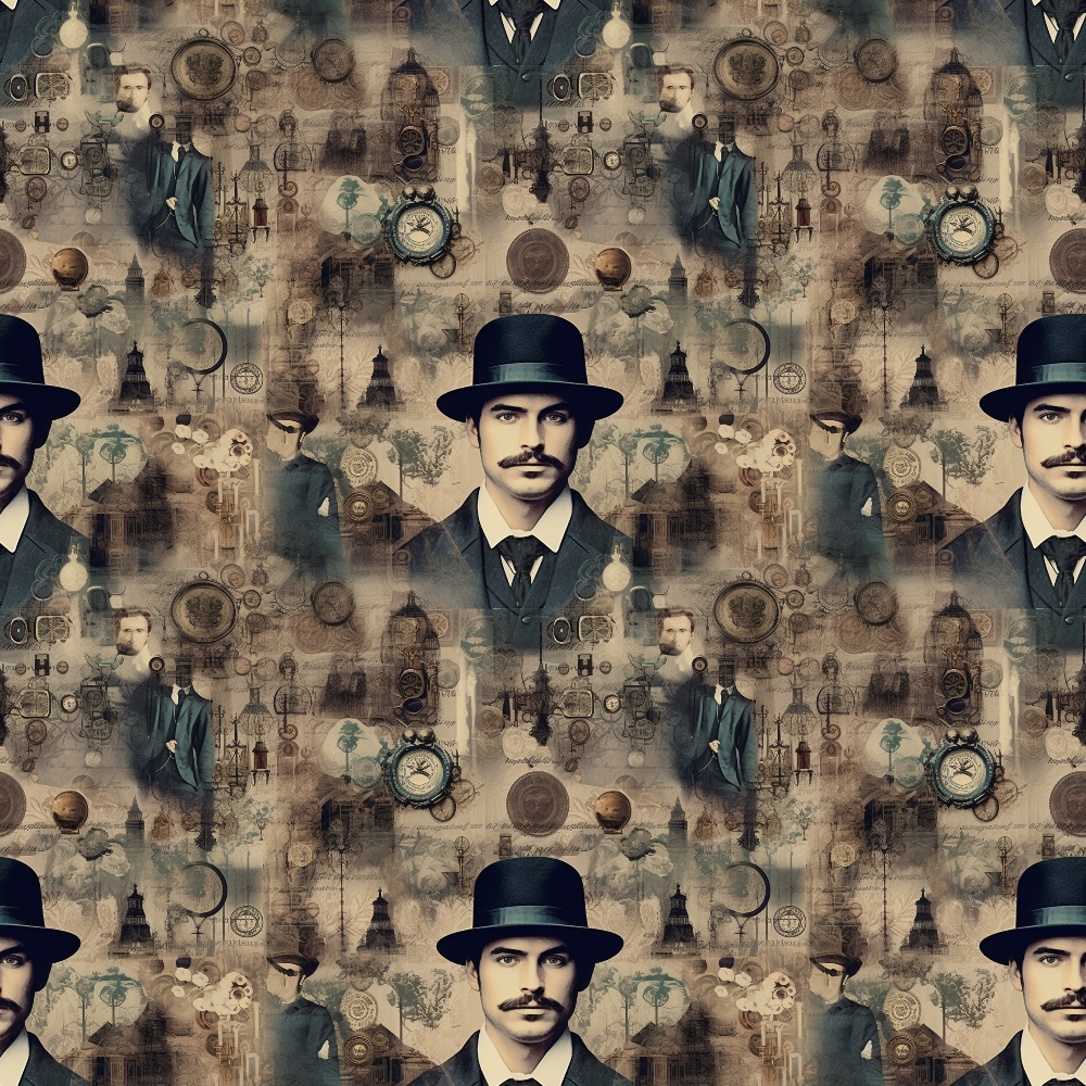 sepia, brown, vintage, steampunk, victorian gentleman, mustache, top hat, pocket watch, gears, clockwork, mechanical elements, gothic, industrial, brass tones, beige, antiqued, portrait, masculine,, fabric panel
