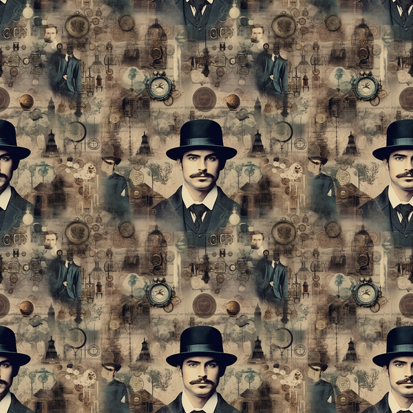 sepia, brown, vintage, steampunk, victorian gentleman, mustache, top hat, pocket watch, gears, clockwork, mechanical elements, gothic, industrial, brass tones, beige, antiqued, portrait, masculine,, fabric panel