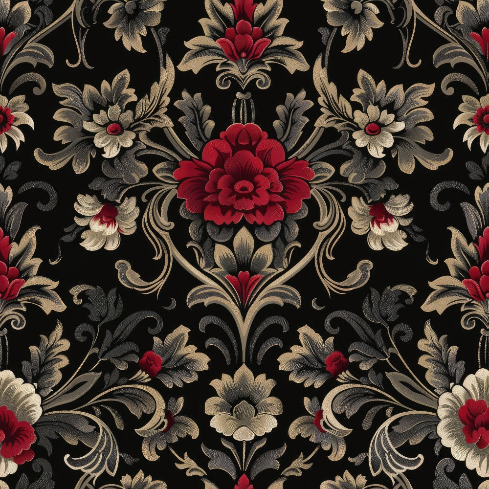 damask pattern, floral motifs, red flowers, burgundy blooms, black background, gold accents, beige foliage, ornate scrollwork, baroque style, decorative flourishes,, fabric panel, elegant design, gothic aesthetic, symmetrical pattern, vintage inspired, rich colors, luxurious feel, intricate details, formal pattern