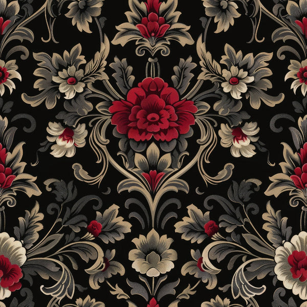 damask pattern, floral motifs, red flowers, burgundy blooms, black background, gold accents, beige foliage, ornate scrollwork, baroque style, decorative flourishes,, fabric panel, elegant design, gothic aesthetic, symmetrical pattern, vintage inspired, rich colors, luxurious feel, intricate details, formal pattern