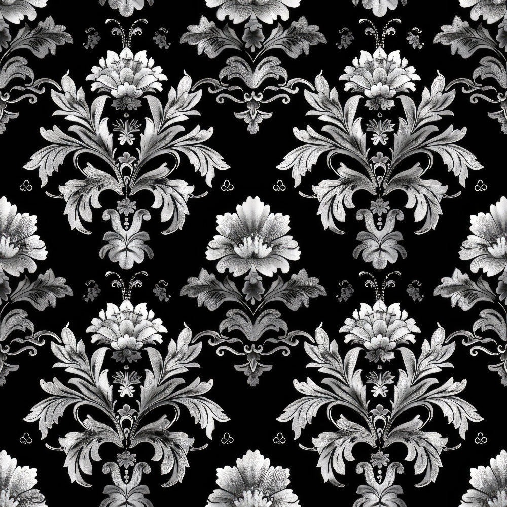 black background, white floral, silver gray, damask pattern, ornate scrollwork, baroque style, gothic motif, decorative flowers, elegant swirls, victorian design,, fabric panel, formal pattern, monochrome palette, intricate details, luxurious texture, repetitive motif, sophisticated design, ornamental elements