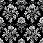 black background, white floral, silver gray, damask pattern, ornate scrollwork, baroque style, gothic motif, decorative flowers, elegant swirls, victorian design,, fabric panel, formal pattern, monochrome palette, intricate details, luxurious texture, repetitive motif, sophisticated design, ornamental elements