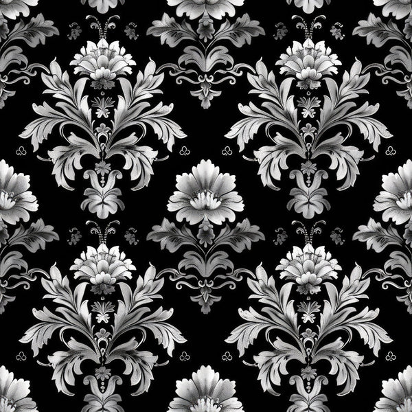 black background, white floral, silver gray, damask pattern, ornate scrollwork, baroque style, gothic motif, decorative flowers, elegant swirls, victorian design,, fabric panel, formal pattern, monochrome palette, intricate details, luxurious texture, repetitive motif, sophisticated design, ornamental elements