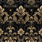 black background, gold ornamental, bronze scrollwork, damask pattern, baroque style, ornate florals, gothic design, decorative swirls, metallic accents, repeating motif, luxurious pattern, vintage elegance, acanthus leaves, formal design,, fabric panel, sophisticated print, dramatic contrast, ornamental flourishes, rich textures